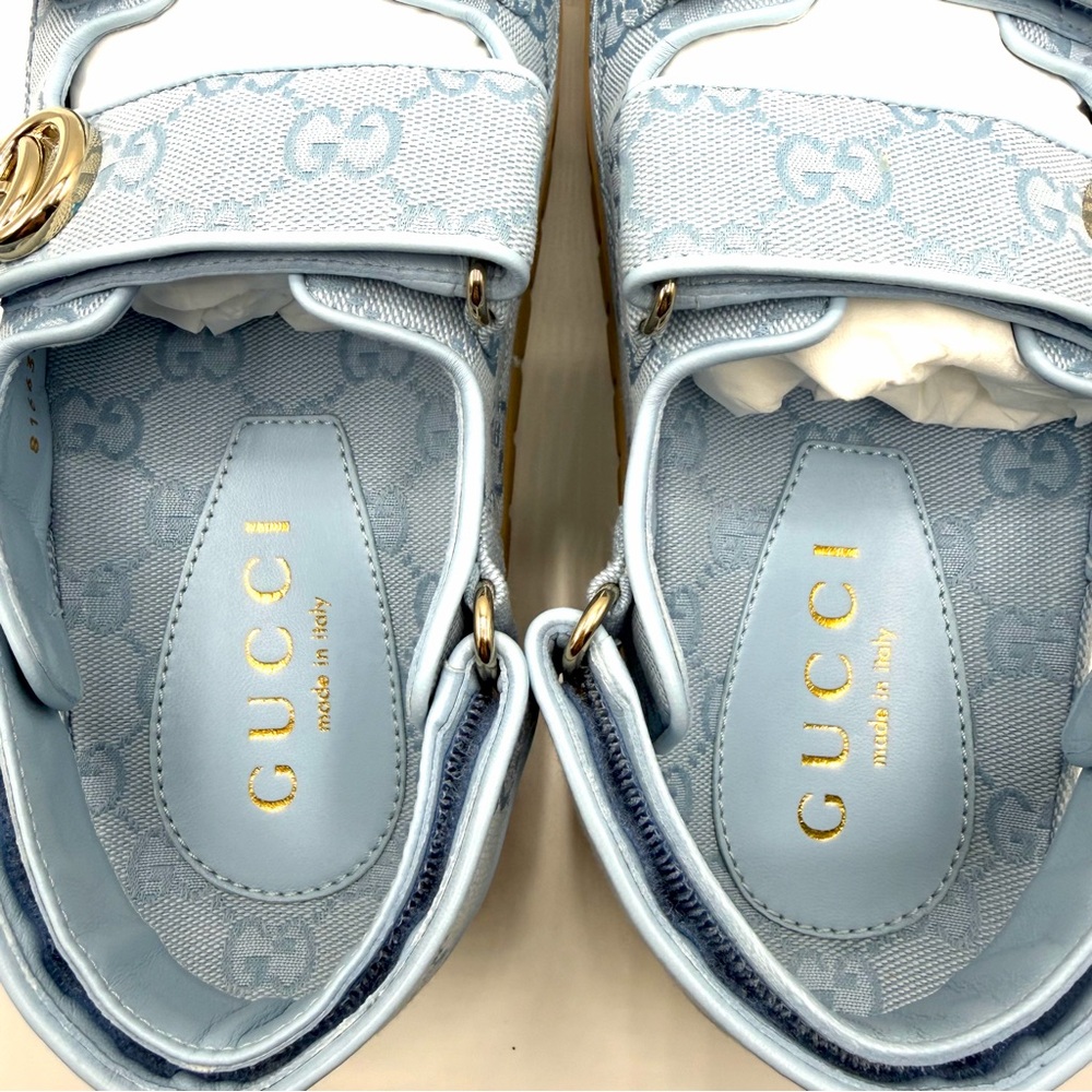 NEW NIB Gucci GG Marmont Logo Blue Canvas Monogram Platform Dad Strap Sandals - Picture 7 of 13